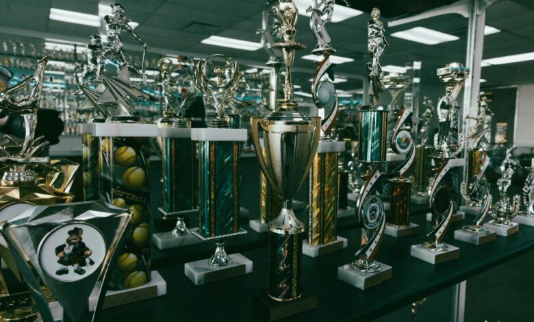 Collection of trophies displayed on shelves.