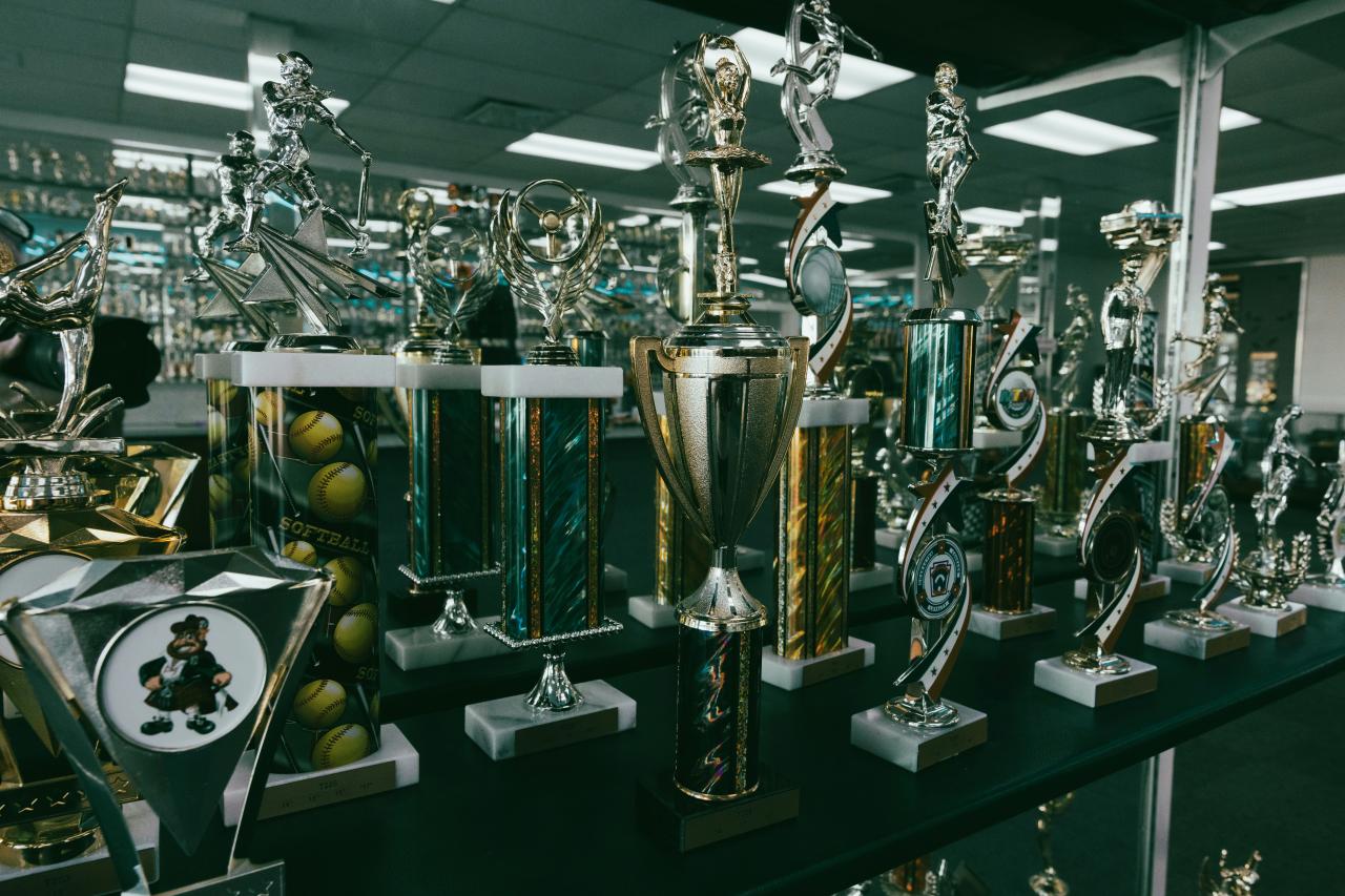 Collection of trophies displayed on shelves.
